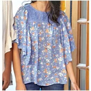 Matilda Jane Be Here Now Top Blue Floral Lace Yoke Small NEW